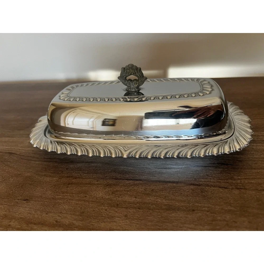 Vintage Chrome Butter Dish with Domed Lid and Ornate Feathered Edge